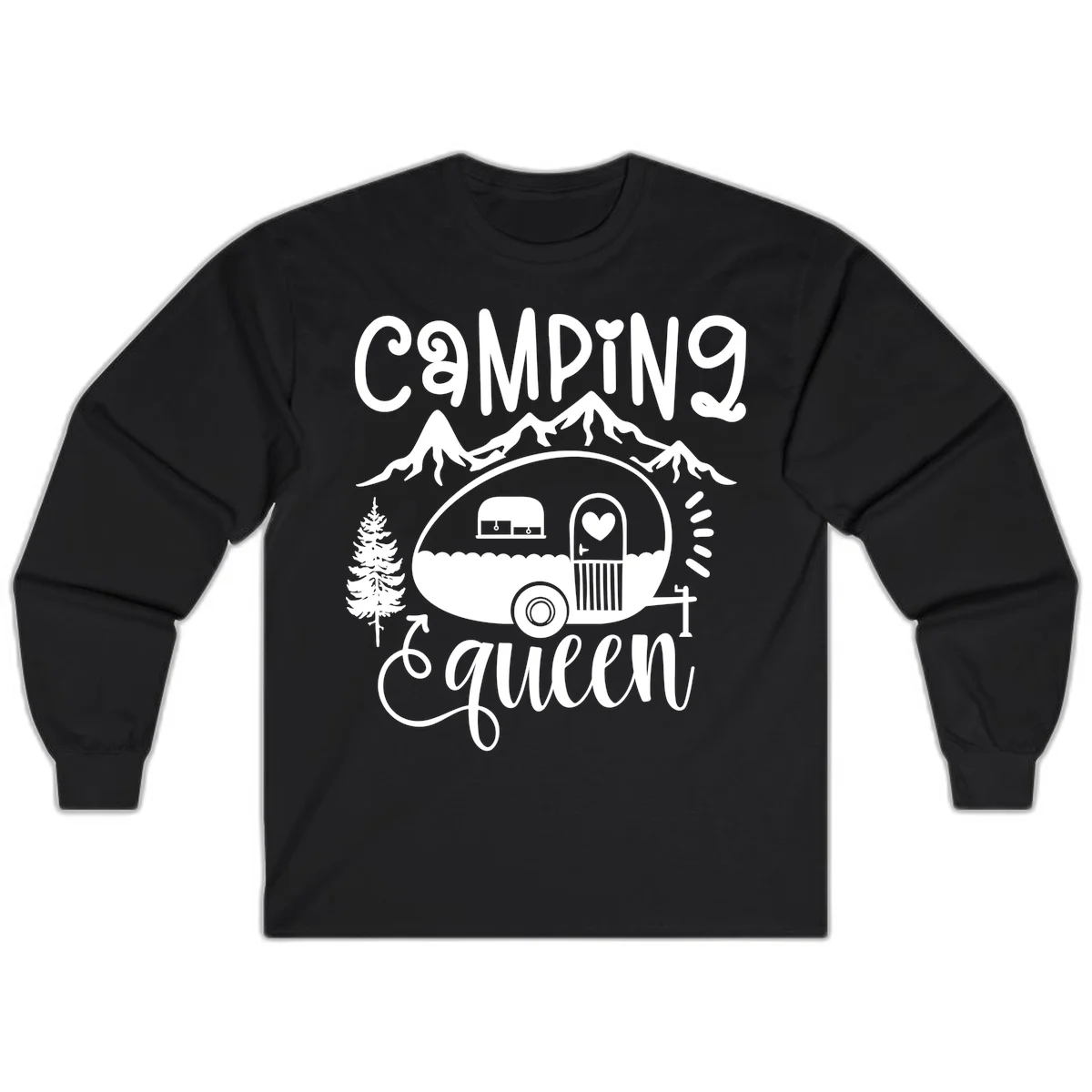 Retro illustration of a vintage Airstream trailer with a heart on the door, surrounded by mountains, trees, and campfire with 'Camping Queen' text in Black