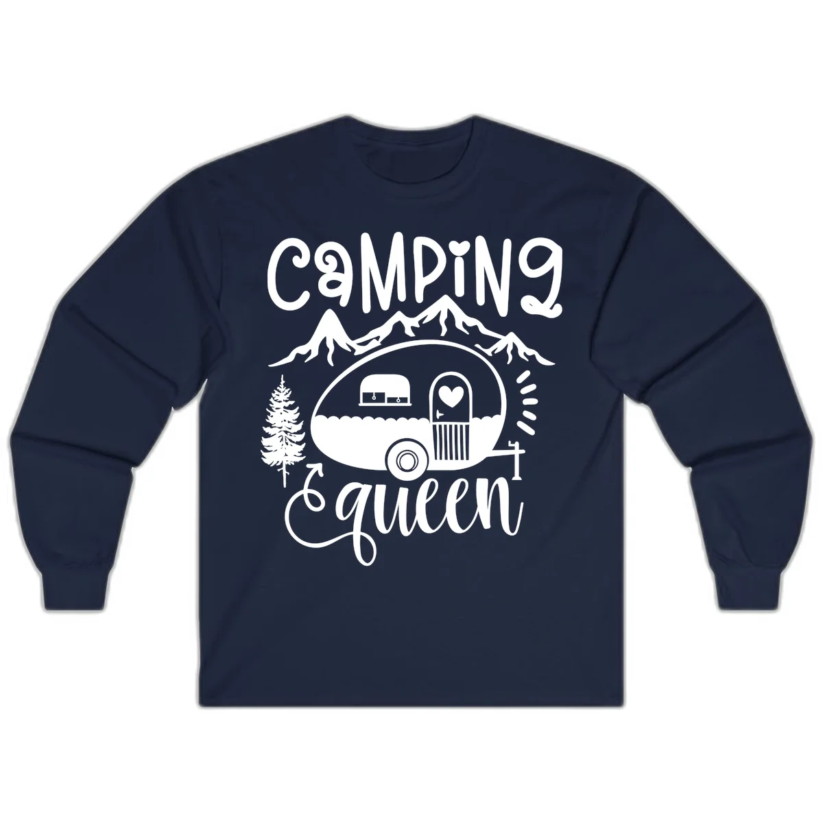 Retro illustration of a vintage Airstream trailer with a heart on the door, surrounded by mountains, trees, and campfire with 'Camping Queen' text in Navy