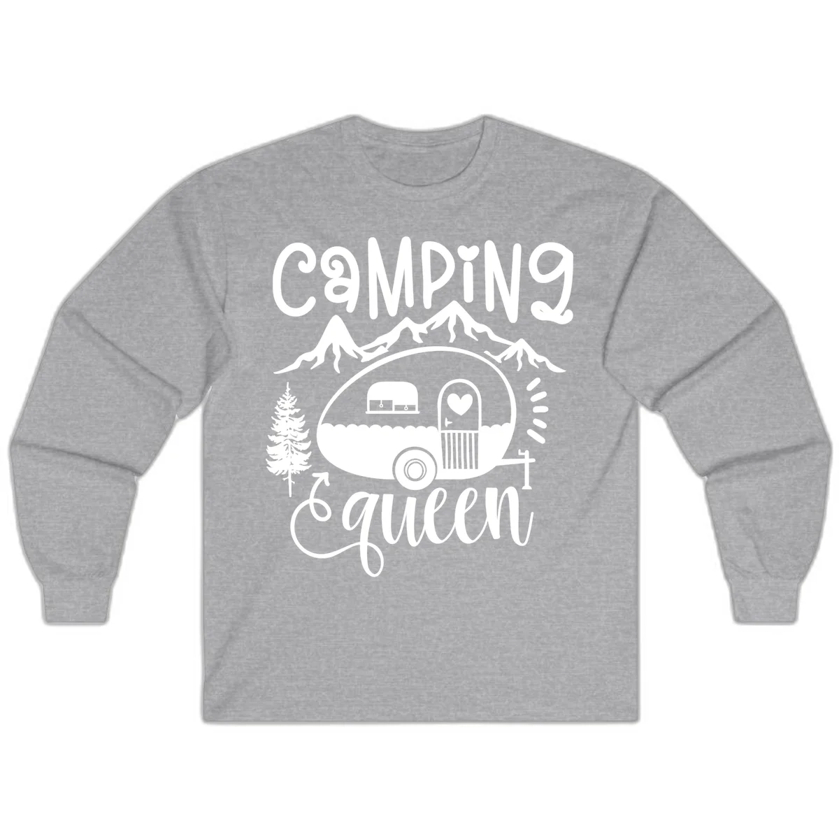 Retro illustration of a vintage Airstream trailer with a heart on the door, surrounded by mountains, trees, and campfire with 'Camping Queen' text in Sport Grey
