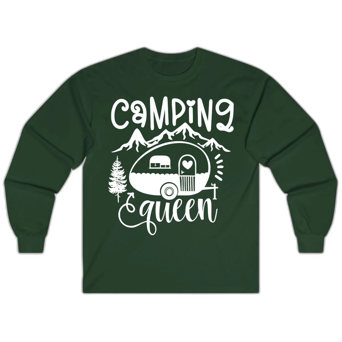 Retro illustration of a vintage Airstream trailer with a heart on the door, surrounded by mountains, trees, and campfire with 'Camping Queen' text in Forest Green