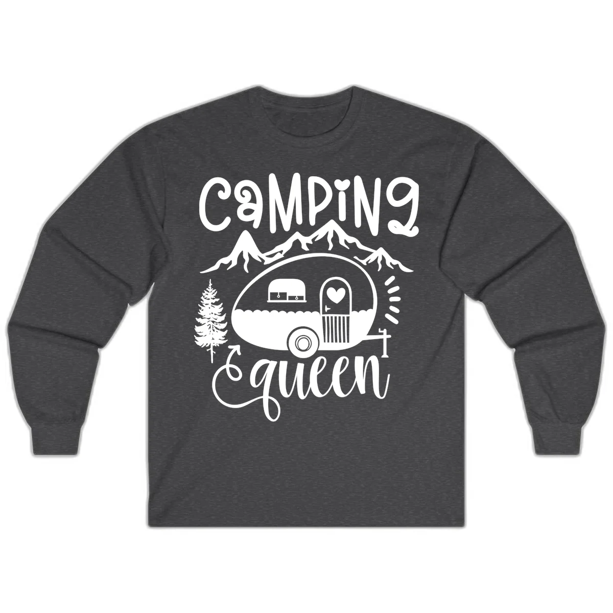 Retro illustration of a vintage Airstream trailer with a heart on the door, surrounded by mountains, trees, and campfire with 'Camping Queen' text in Dark Heather