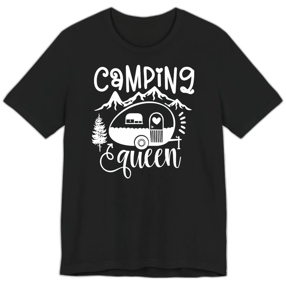 Retro illustration of a vintage Airstream trailer with a heart on the door, surrounded by mountains, trees, and campfire with 'Camping Queen' text in Black