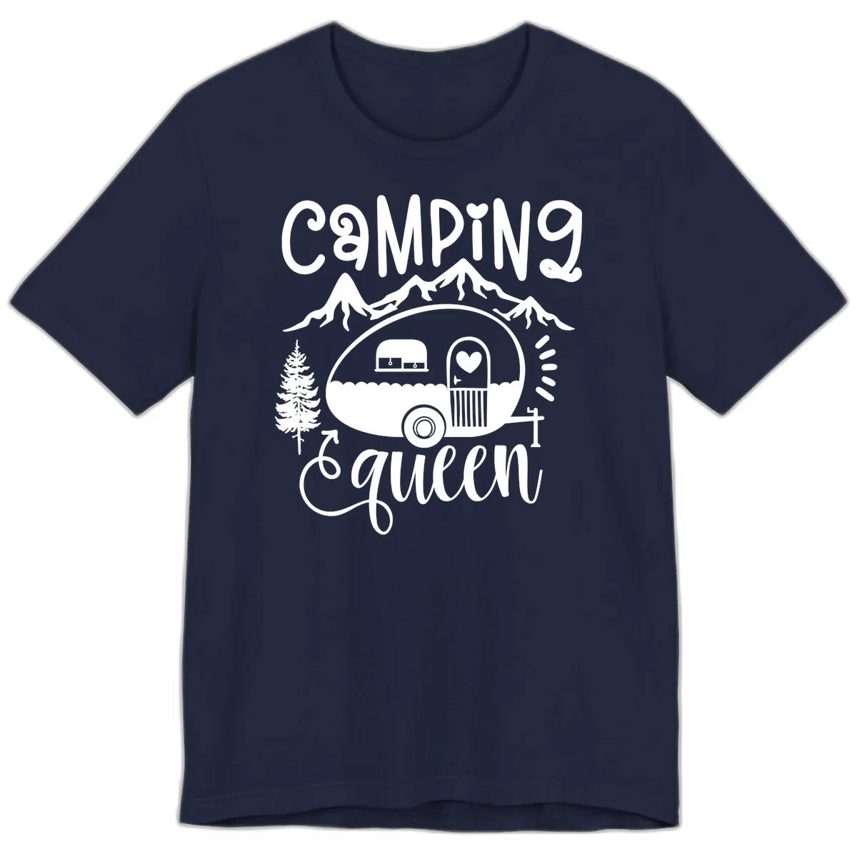 Retro illustration of a vintage Airstream trailer with a heart on the door, surrounded by mountains, trees, and campfire with 'Camping Queen' text in Navy