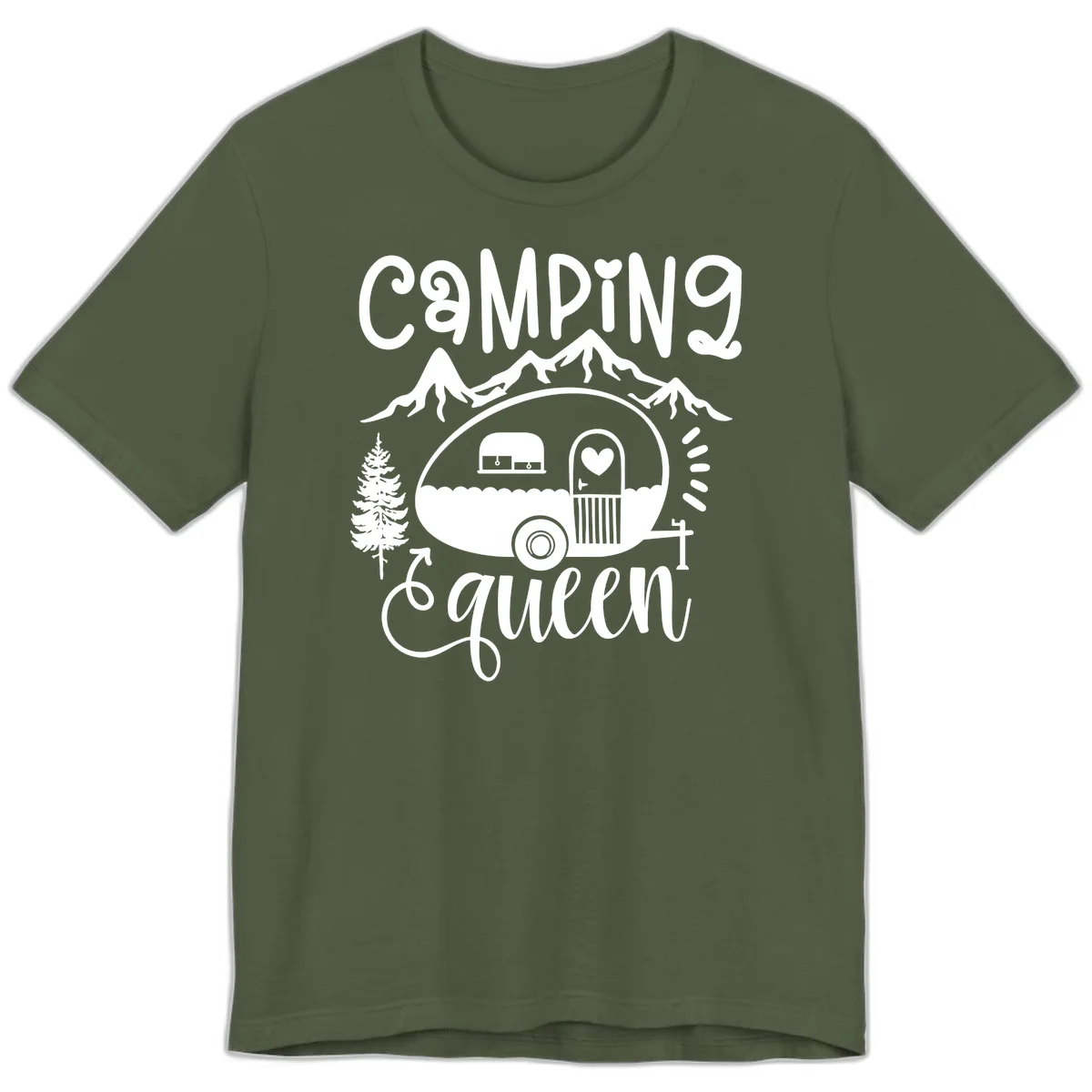 Retro illustration of a vintage Airstream trailer with a heart on the door, surrounded by mountains, trees, and campfire with 'Camping Queen' text in Military Green