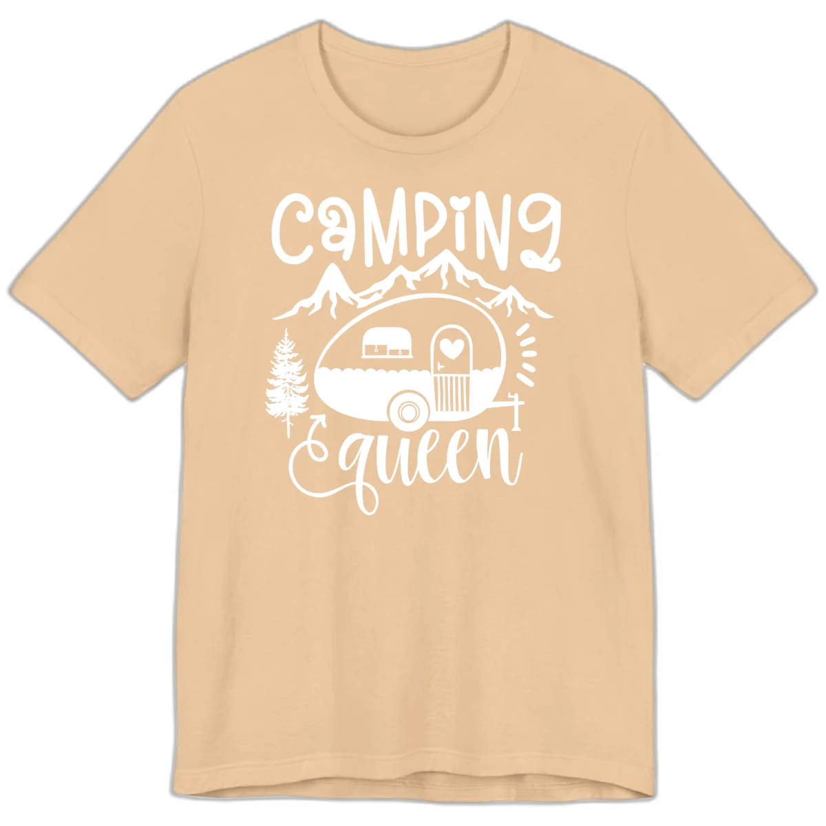 Retro illustration of a vintage Airstream trailer with a heart on the door, surrounded by mountains, trees, and campfire with 'Camping Queen' text in Sand Dune