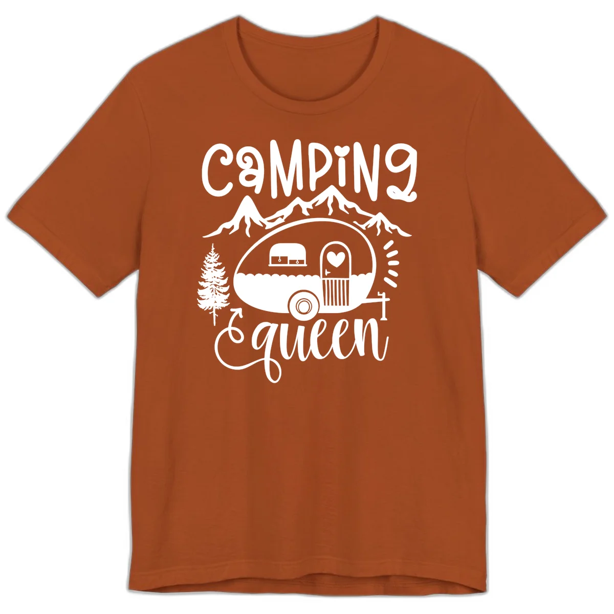 Retro illustration of a vintage Airstream trailer with a heart on the door, surrounded by mountains, trees, and campfire with 'Camping Queen' text in Autumn