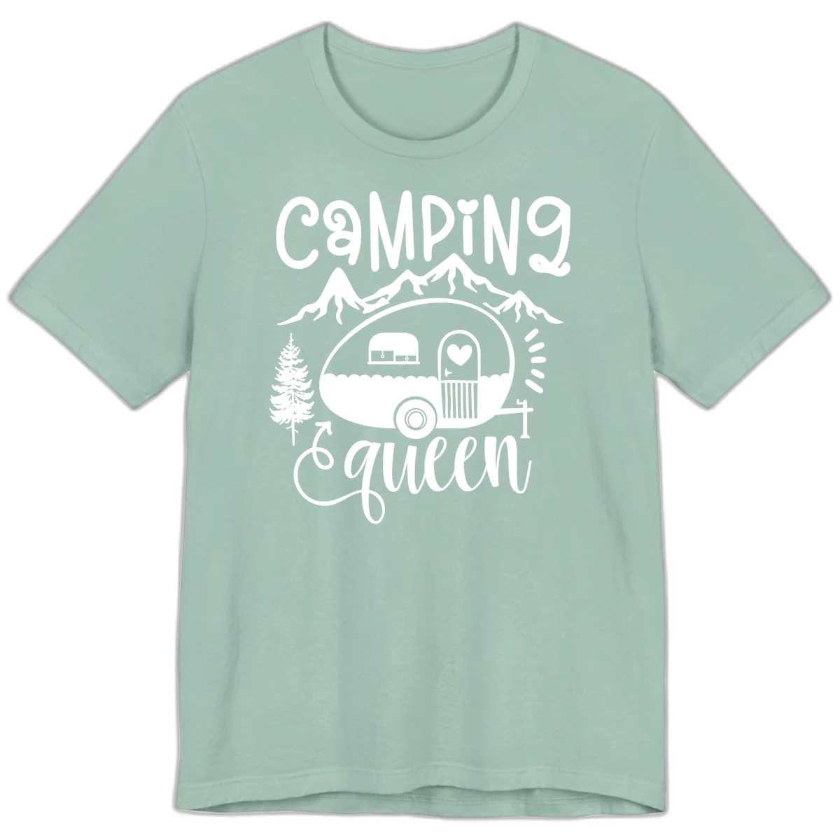 Retro illustration of a vintage Airstream trailer with a heart on the door, surrounded by mountains, trees, and campfire with 'Camping Queen' text in Dusty Blue