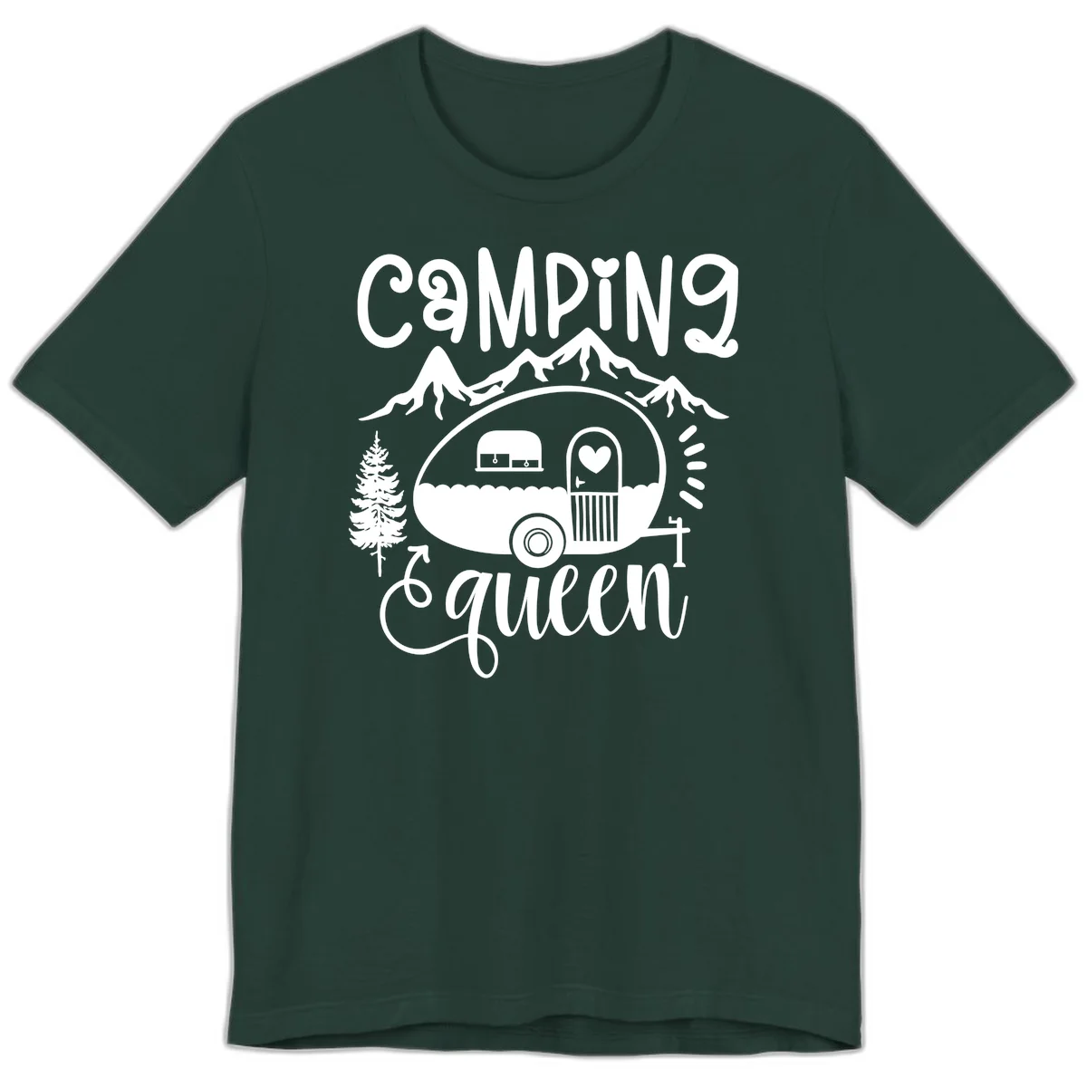 Retro illustration of a vintage Airstream trailer with a heart on the door, surrounded by mountains, trees, and campfire with 'Camping Queen' text in Forest