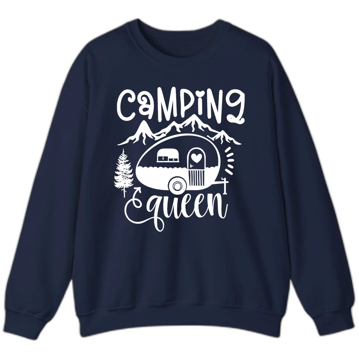 Retro illustration of a vintage Airstream trailer with a heart on the door, surrounded by mountains, trees, and campfire with 'Camping Queen' text in Navy