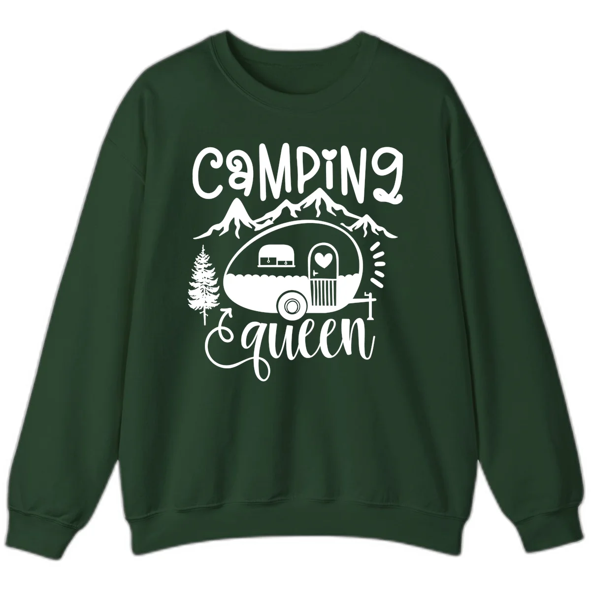 Retro illustration of a vintage Airstream trailer with a heart on the door, surrounded by mountains, trees, and campfire with 'Camping Queen' text in Forest Green
