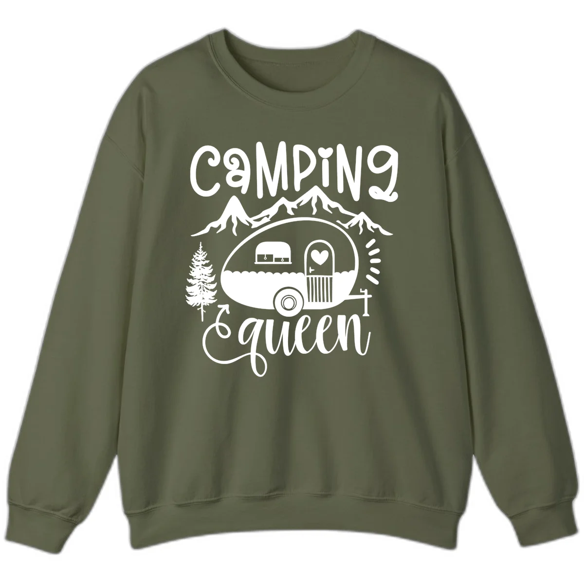Retro illustration of a vintage Airstream trailer with a heart on the door, surrounded by mountains, trees, and campfire with 'Camping Queen' text in Military Green