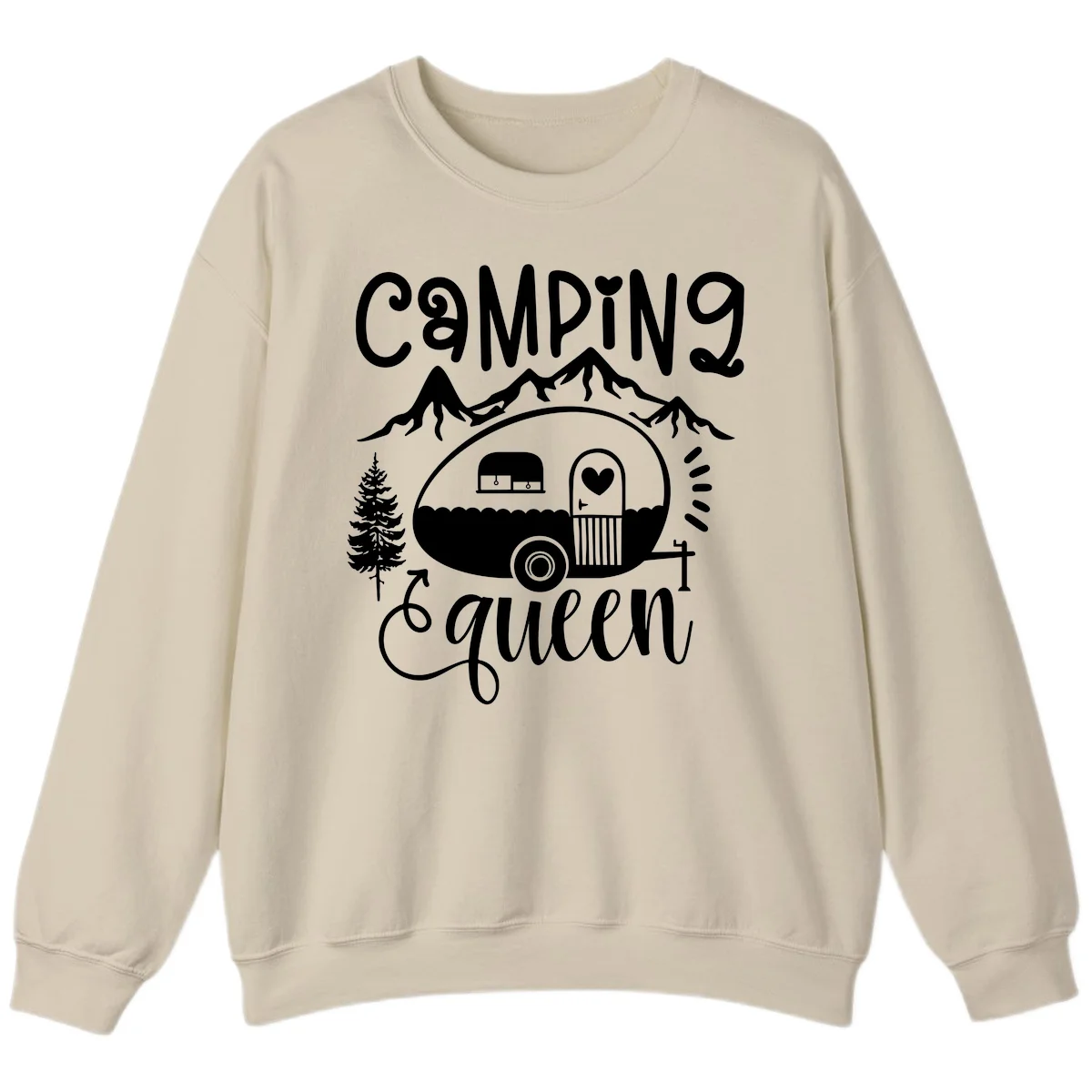 Retro illustration of a vintage Airstream trailer with a heart on the door, surrounded by mountains, trees, and campfire with 'Camping Queen' text in Sand