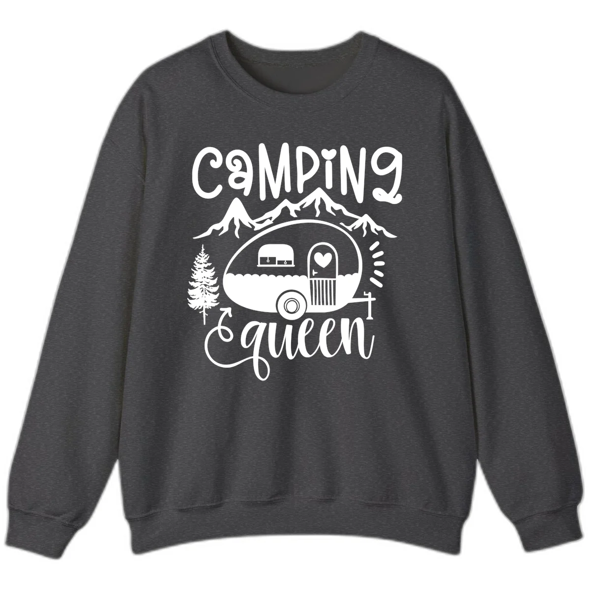 Retro illustration of a vintage Airstream trailer with a heart on the door, surrounded by mountains, trees, and campfire with 'Camping Queen' text in Dark Heather