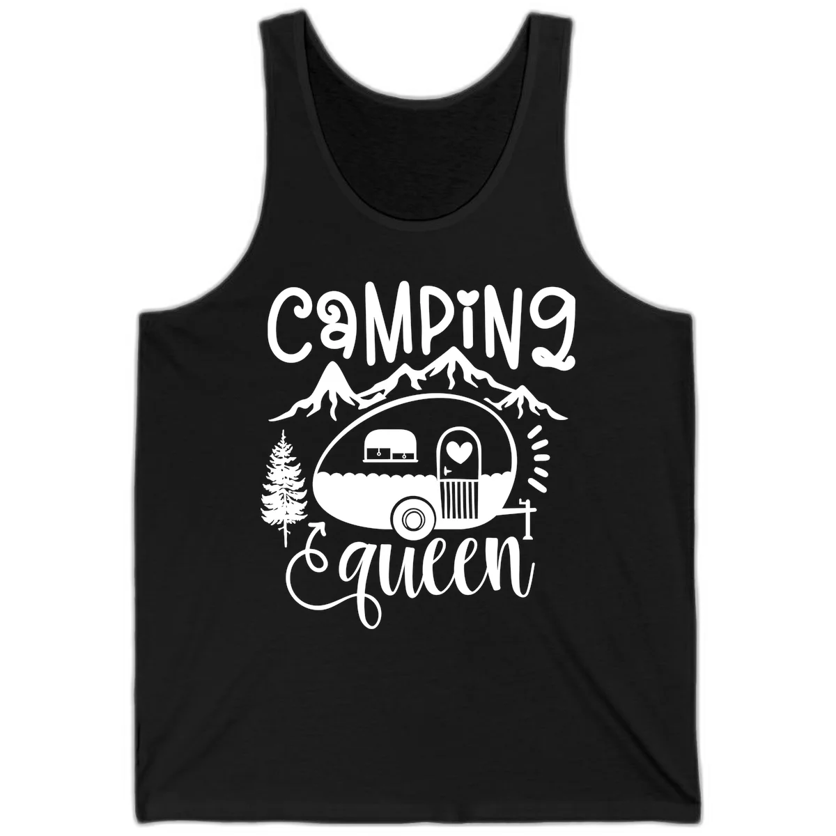 Retro illustration of a vintage Airstream trailer with a heart on the door, surrounded by mountains, trees, and campfire with 'Camping Queen' text in Black