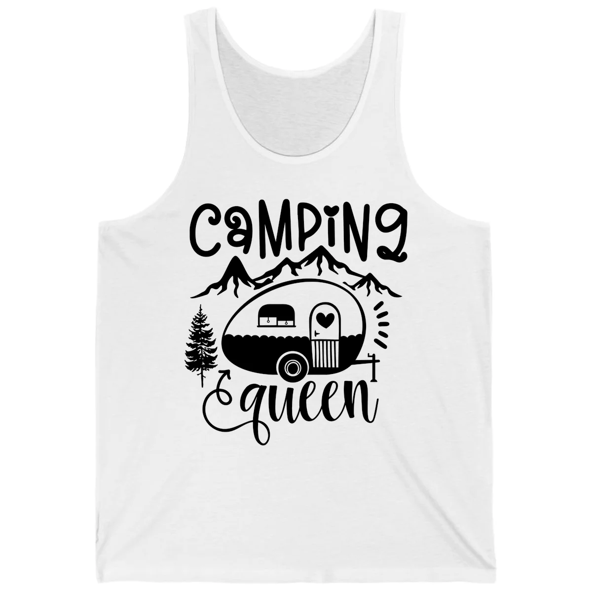 Retro illustration of a vintage Airstream trailer with a heart on the door, surrounded by mountains, trees, and campfire with 'Camping Queen' text in White