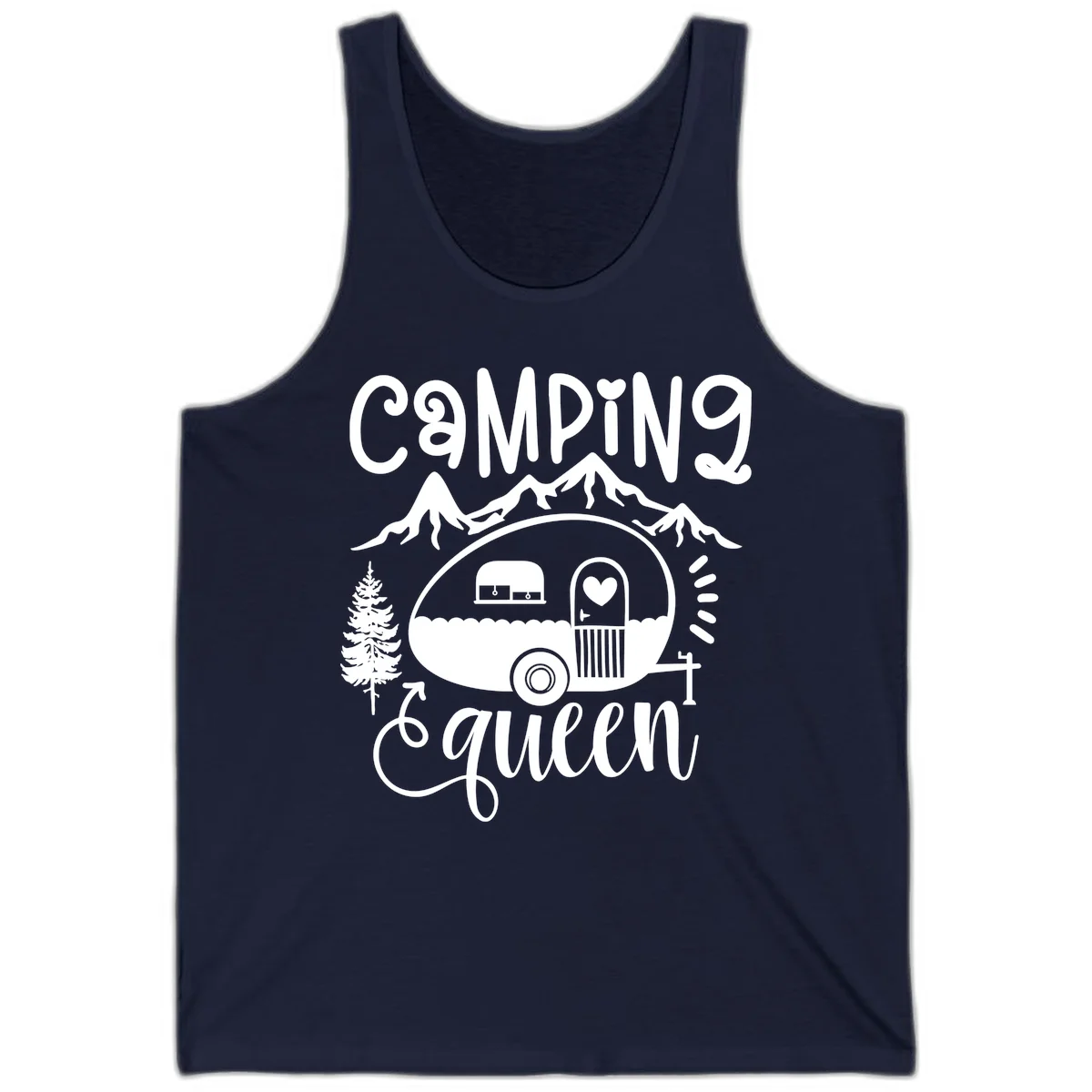 Retro illustration of a vintage Airstream trailer with a heart on the door, surrounded by mountains, trees, and campfire with 'Camping Queen' text in Navy