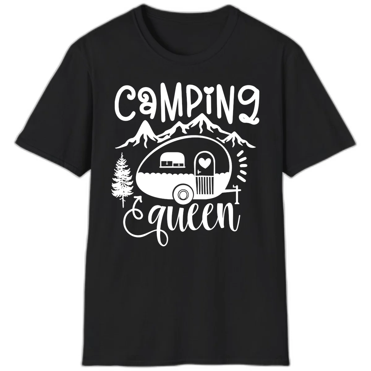 Retro illustration of a vintage Airstream trailer with a heart on the door, surrounded by mountains, trees, and campfire with 'Camping Queen' text in Black