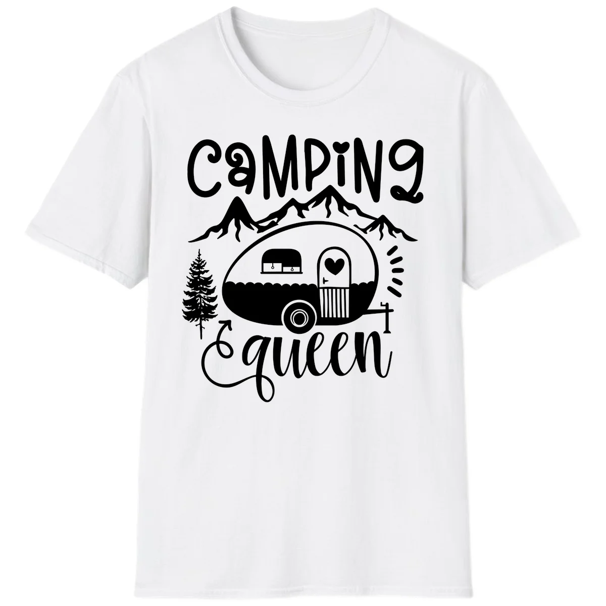 Retro illustration of a vintage Airstream trailer with a heart on the door, surrounded by mountains, trees, and campfire with 'Camping Queen' text in White