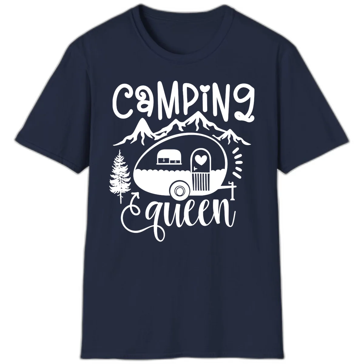 Retro illustration of a vintage Airstream trailer with a heart on the door, surrounded by mountains, trees, and campfire with 'Camping Queen' text in Navy