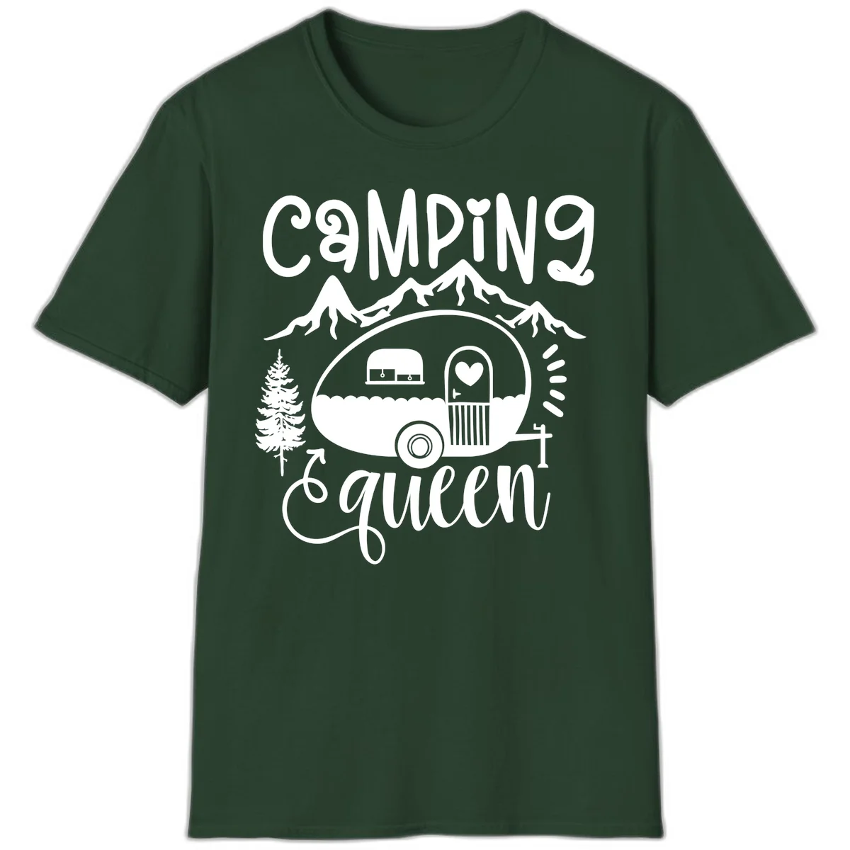 Retro illustration of a vintage Airstream trailer with a heart on the door, surrounded by mountains, trees, and campfire with 'Camping Queen' text in Forest Green