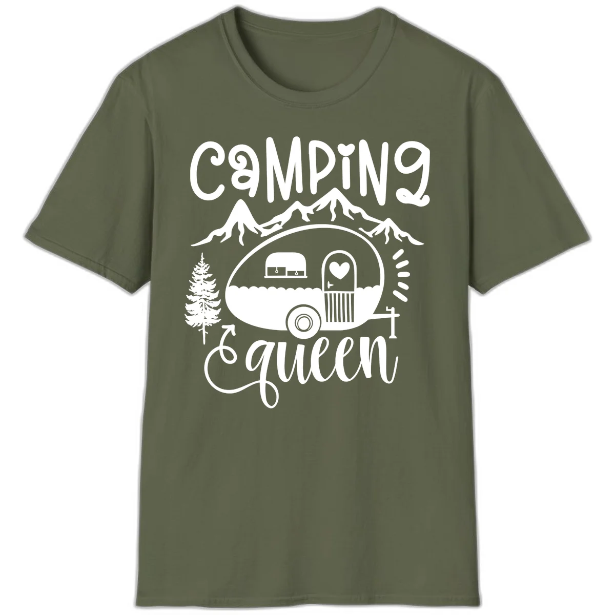 Retro illustration of a vintage Airstream trailer with a heart on the door, surrounded by mountains, trees, and campfire with 'Camping Queen' text in Military Green