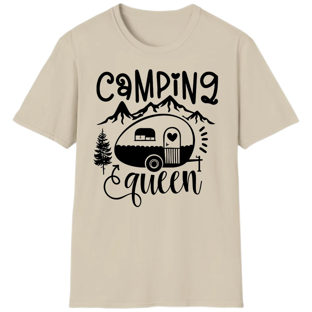 Retro illustration of a vintage Airstream trailer with a heart on the door, surrounded by mountains, trees, and campfire with 'Camping Queen' text in Sand