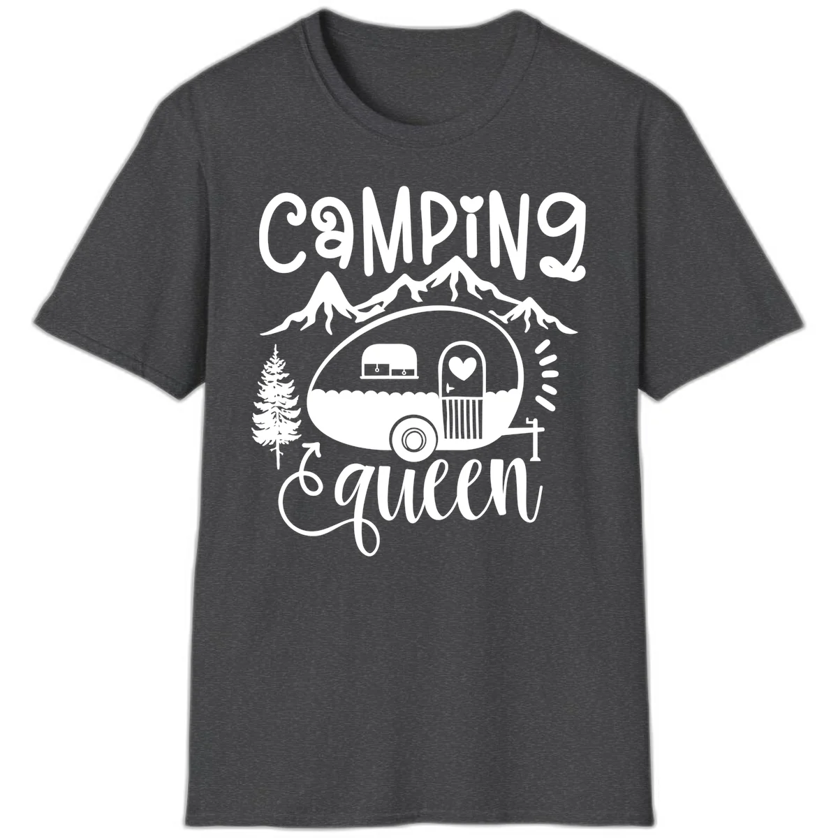Retro illustration of a vintage Airstream trailer with a heart on the door, surrounded by mountains, trees, and campfire with 'Camping Queen' text in Dark Heather