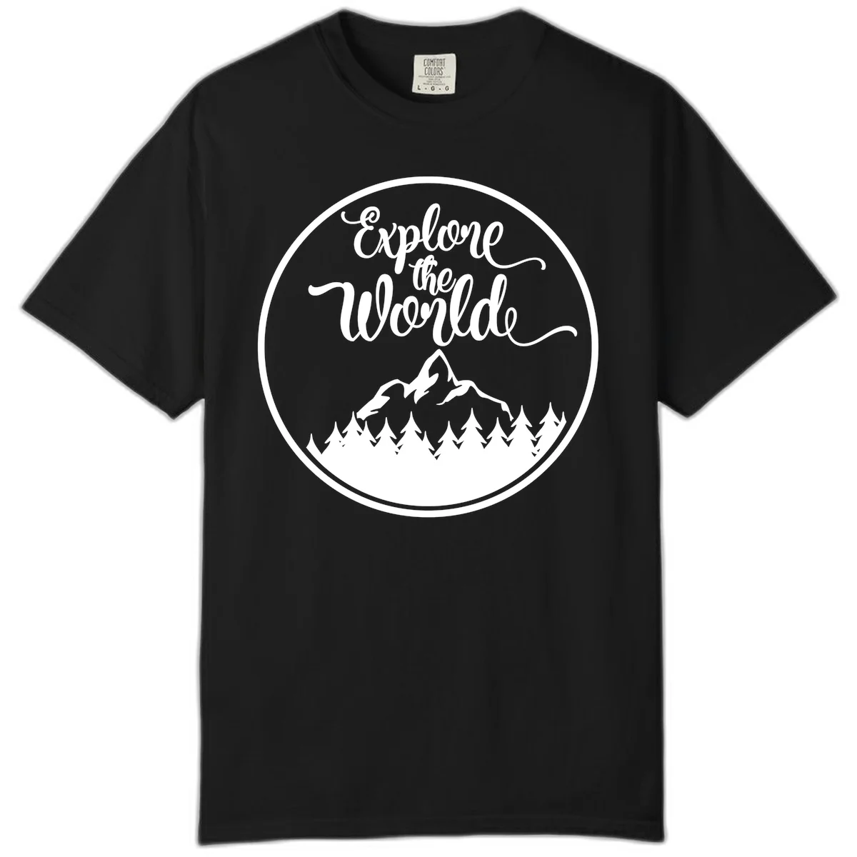 White circular badge with 'Explore the World' cursive text above mountain peak and evergreen forest silhouette on gray background in Black