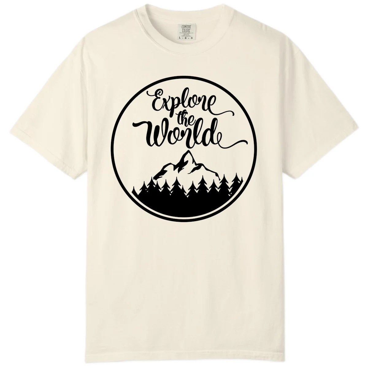 White circular badge with 'Explore the World' cursive text above mountain peak and evergreen forest silhouette on gray background in Ivory