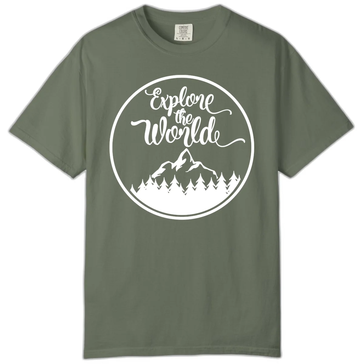 White circular badge with 'Explore the World' cursive text above mountain peak and evergreen forest silhouette on gray background in Moss