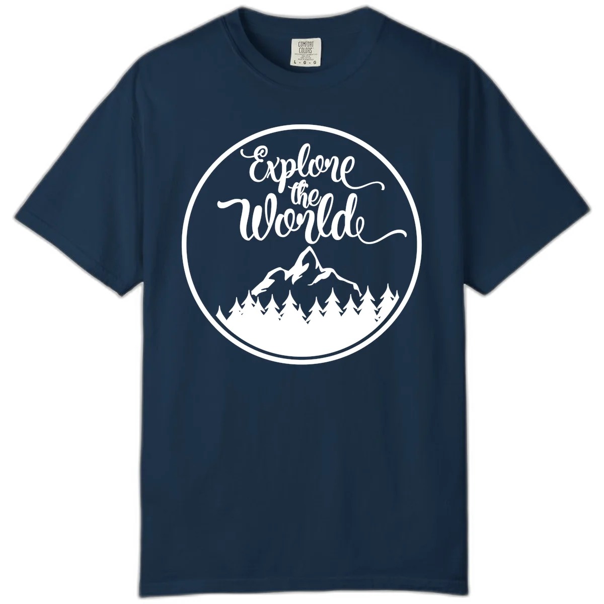 White circular badge with 'Explore the World' cursive text above mountain peak and evergreen forest silhouette on gray background in True Navy