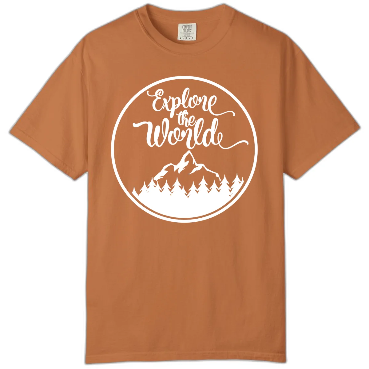 White circular badge with 'Explore the World' cursive text above mountain peak and evergreen forest silhouette on gray background in Yam