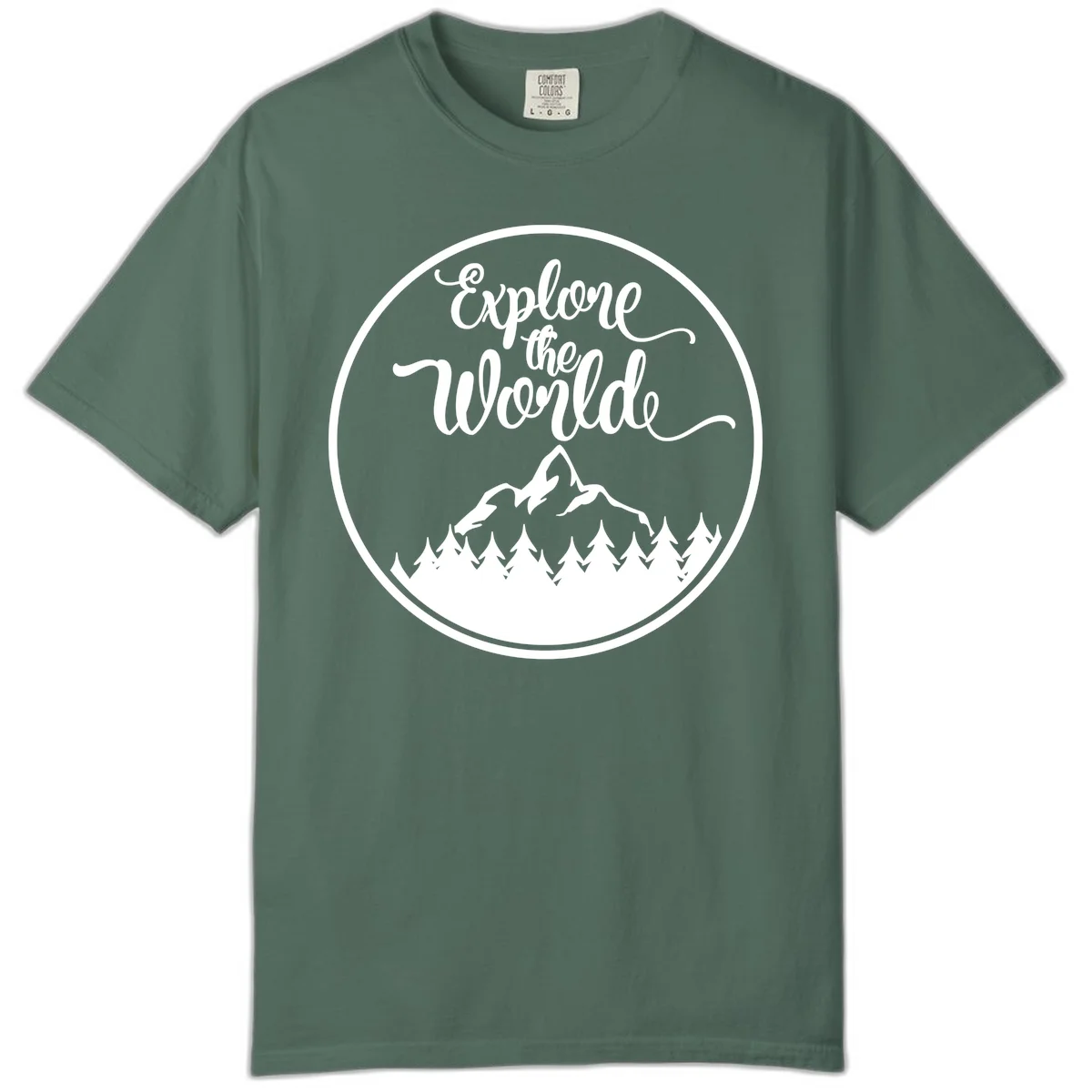White circular badge with 'Explore the World' cursive text above mountain peak and evergreen forest silhouette on gray background in Blue Spruce
