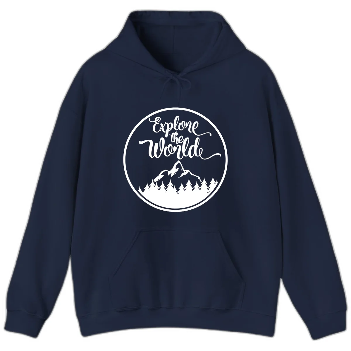 White circular badge with 'Explore the World' cursive text above mountain peak and evergreen forest silhouette on gray background in Navy