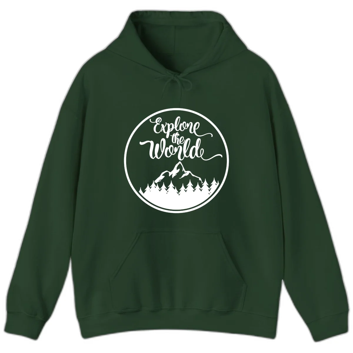 White circular badge with 'Explore the World' cursive text above mountain peak and evergreen forest silhouette on gray background in Forest Green
