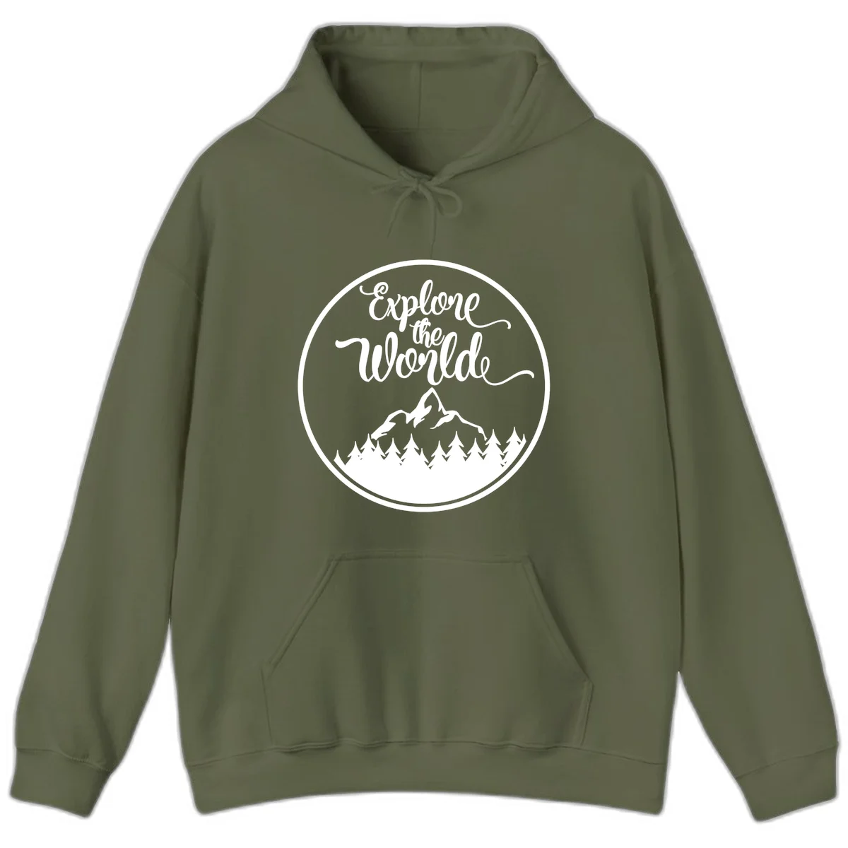 White circular badge with 'Explore the World' cursive text above mountain peak and evergreen forest silhouette on gray background in Military Green
