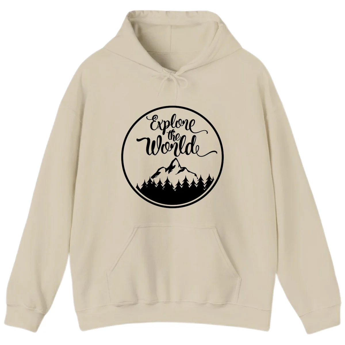 White circular badge with 'Explore the World' cursive text above mountain peak and evergreen forest silhouette on gray background in Sand