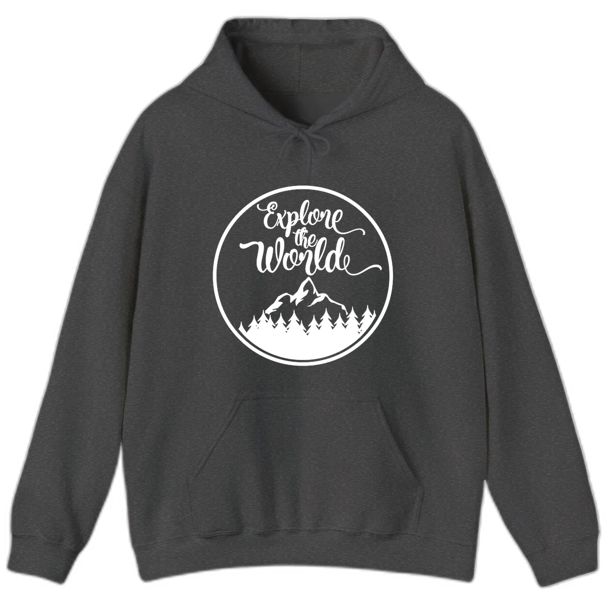 White circular badge with 'Explore the World' cursive text above mountain peak and evergreen forest silhouette on gray background in Dark Heather