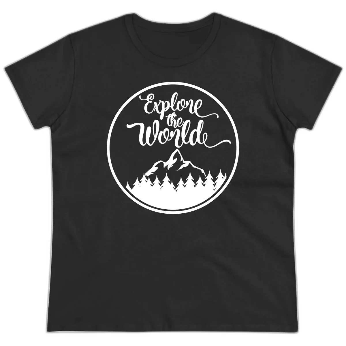 White circular badge with 'Explore the World' cursive text above mountain peak and evergreen forest silhouette on gray background in Black