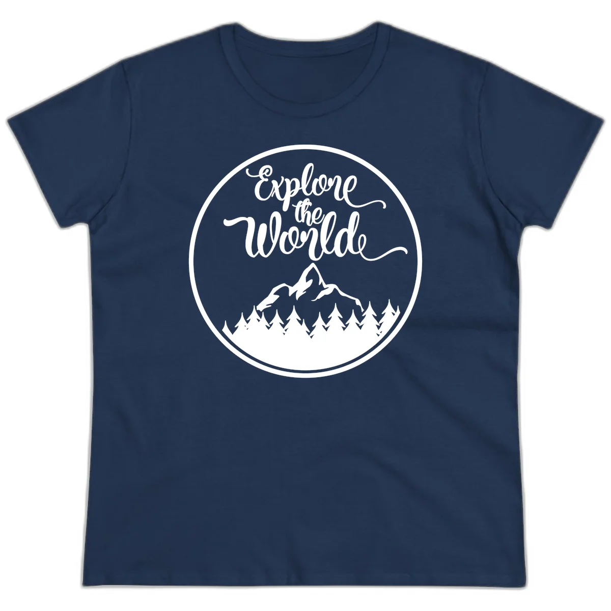 White circular badge with 'Explore the World' cursive text above mountain peak and evergreen forest silhouette on gray background in Navy