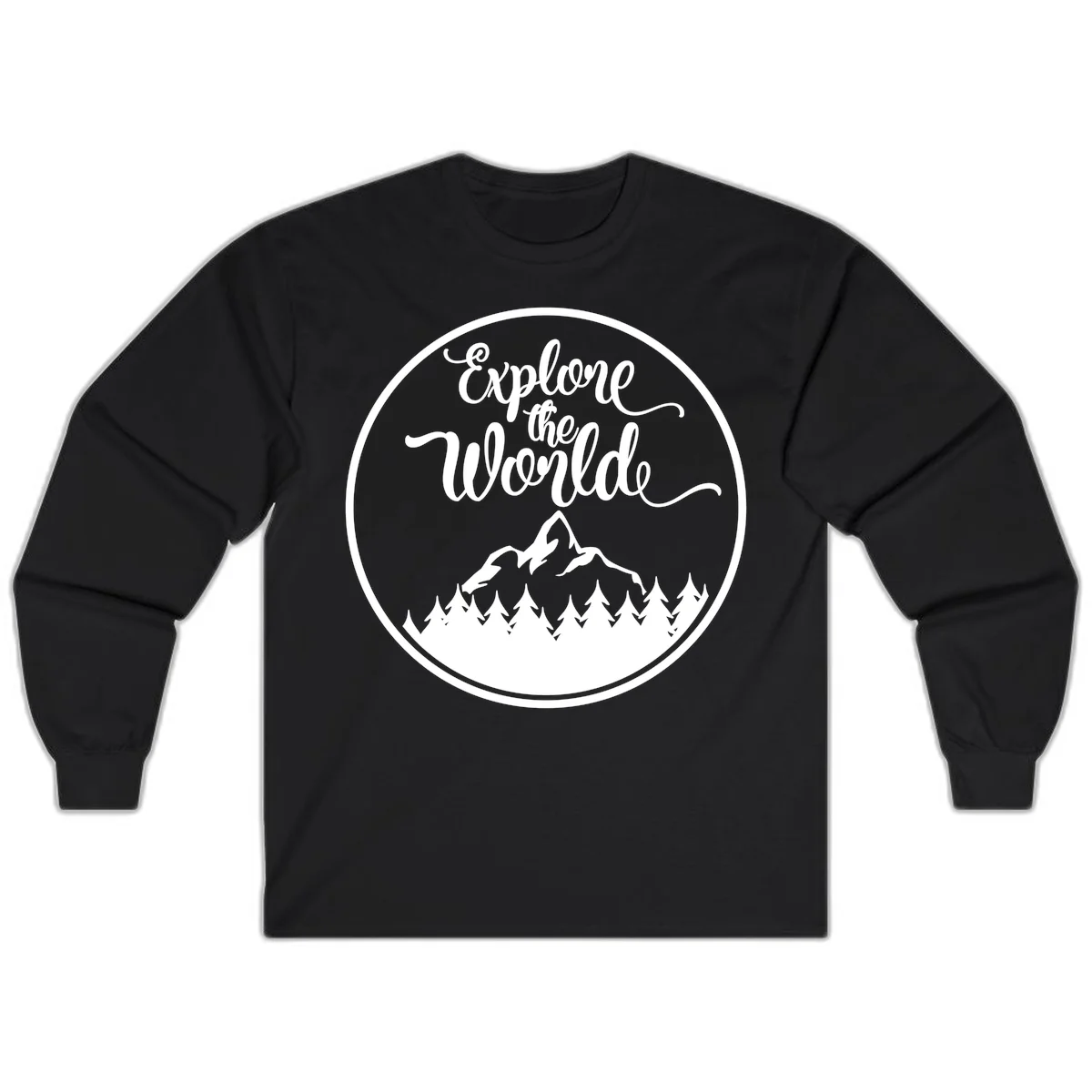 White circular badge with 'Explore the World' cursive text above mountain peak and evergreen forest silhouette on gray background in Black