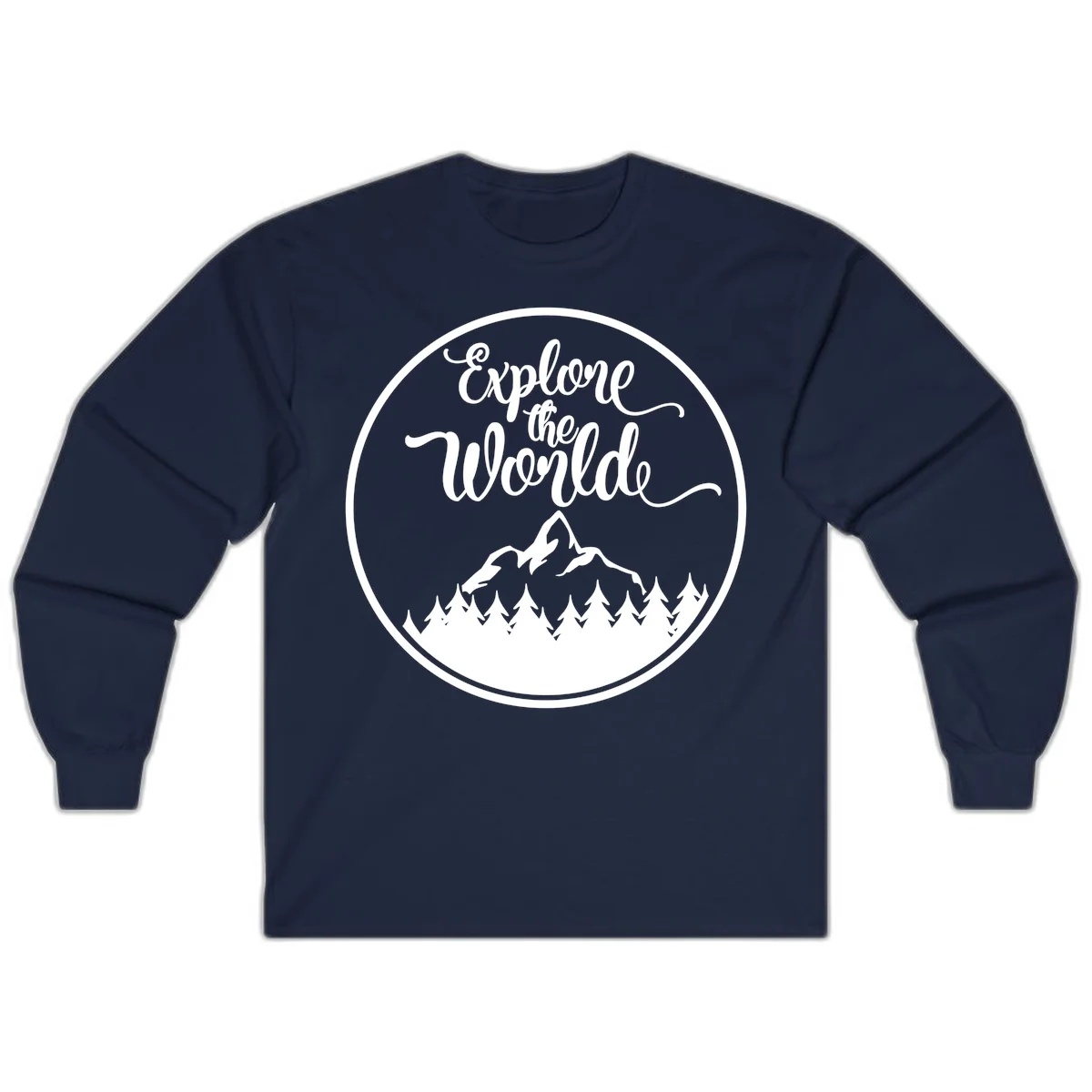White circular badge with 'Explore the World' cursive text above mountain peak and evergreen forest silhouette on gray background in Navy