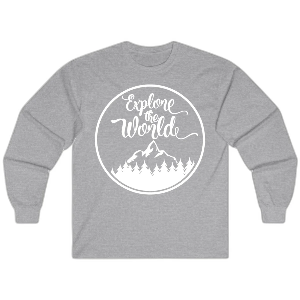 White circular badge with 'Explore the World' cursive text above mountain peak and evergreen forest silhouette on gray background in Sport Grey