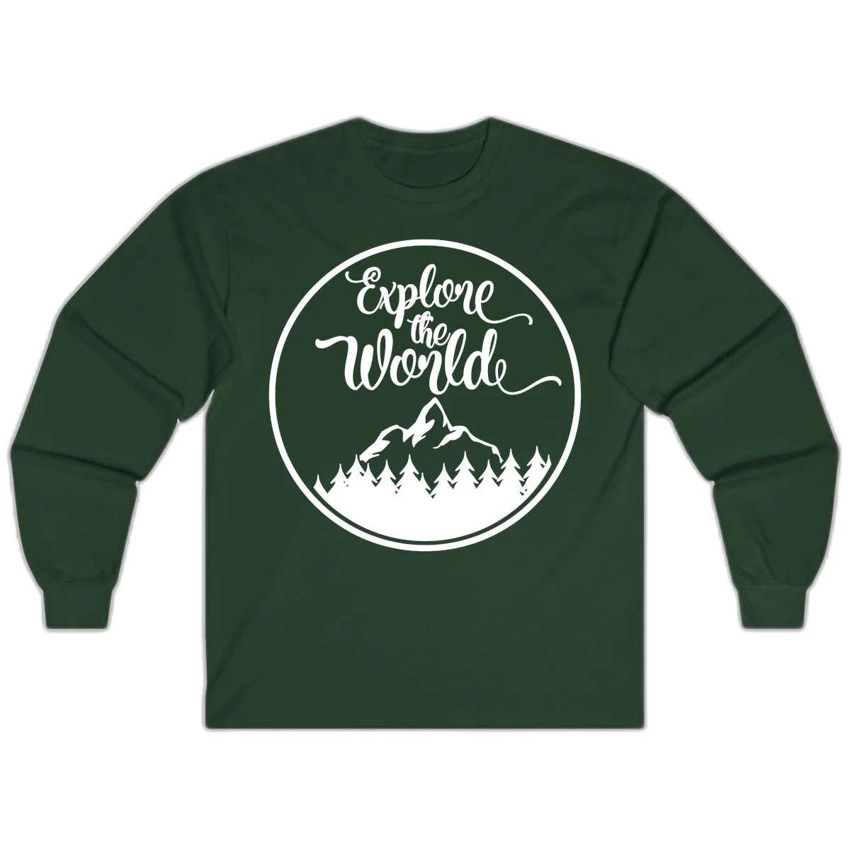 White circular badge with 'Explore the World' cursive text above mountain peak and evergreen forest silhouette on gray background in Forest Green