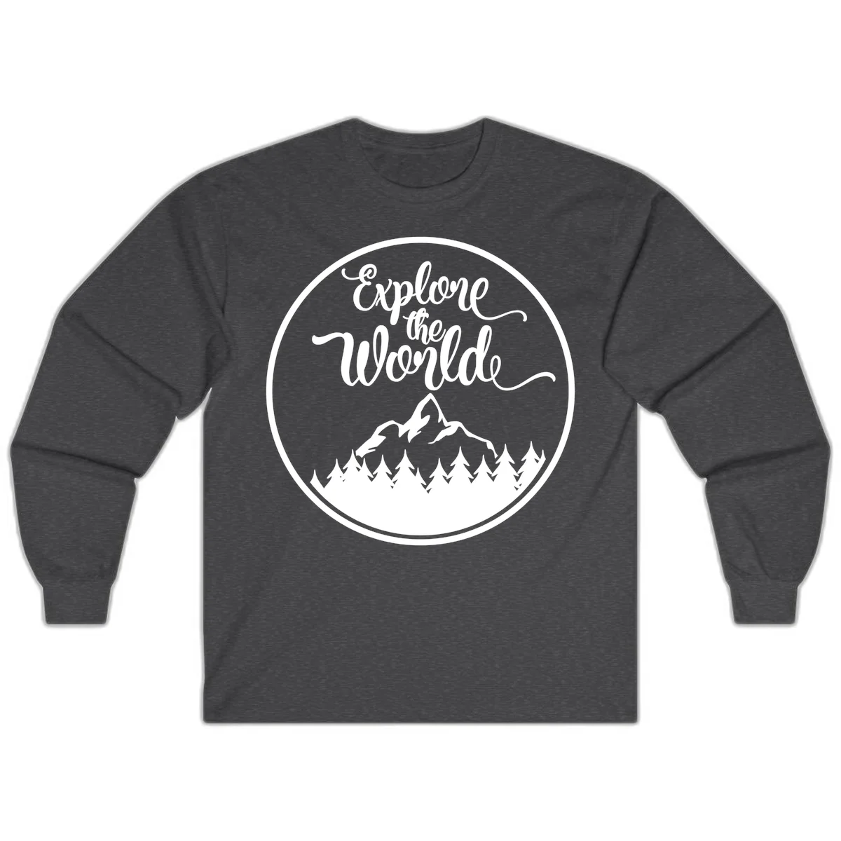White circular badge with 'Explore the World' cursive text above mountain peak and evergreen forest silhouette on gray background in Dark Heather