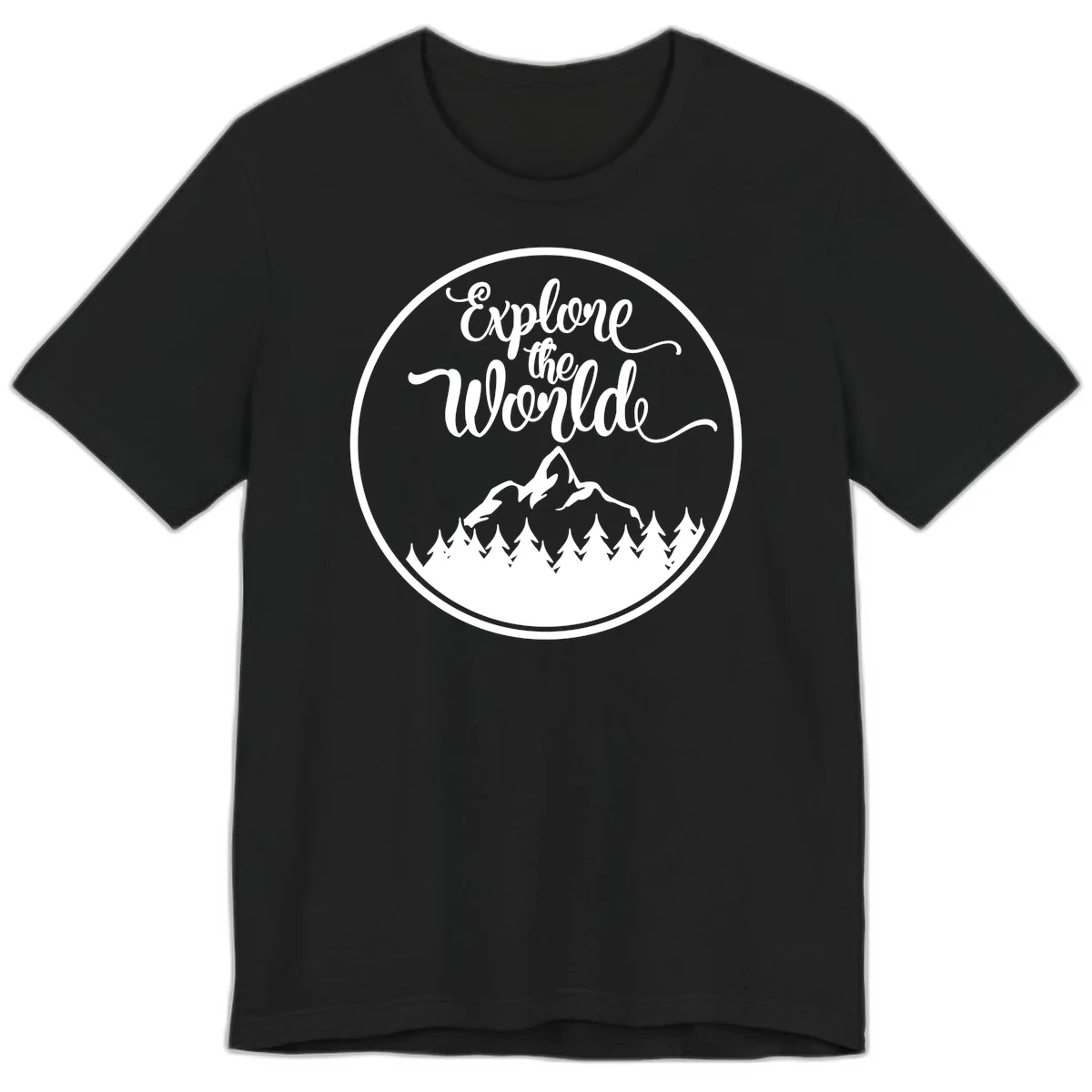 White circular badge with 'Explore the World' cursive text above mountain peak and evergreen forest silhouette on gray background in Black