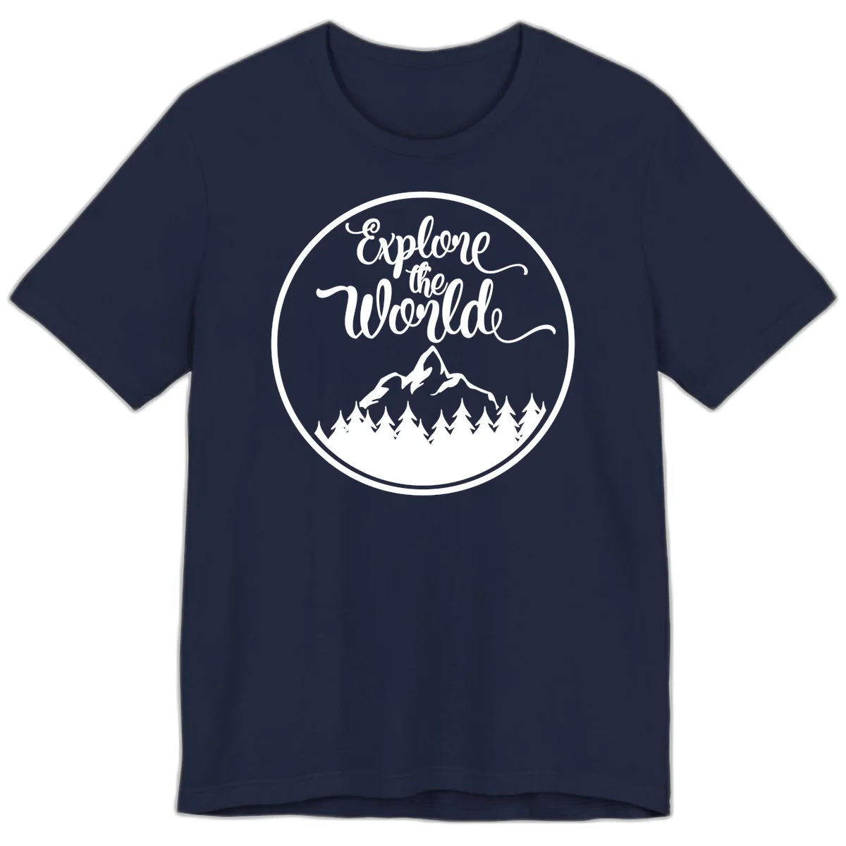 White circular badge with 'Explore the World' cursive text above mountain peak and evergreen forest silhouette on gray background in Navy