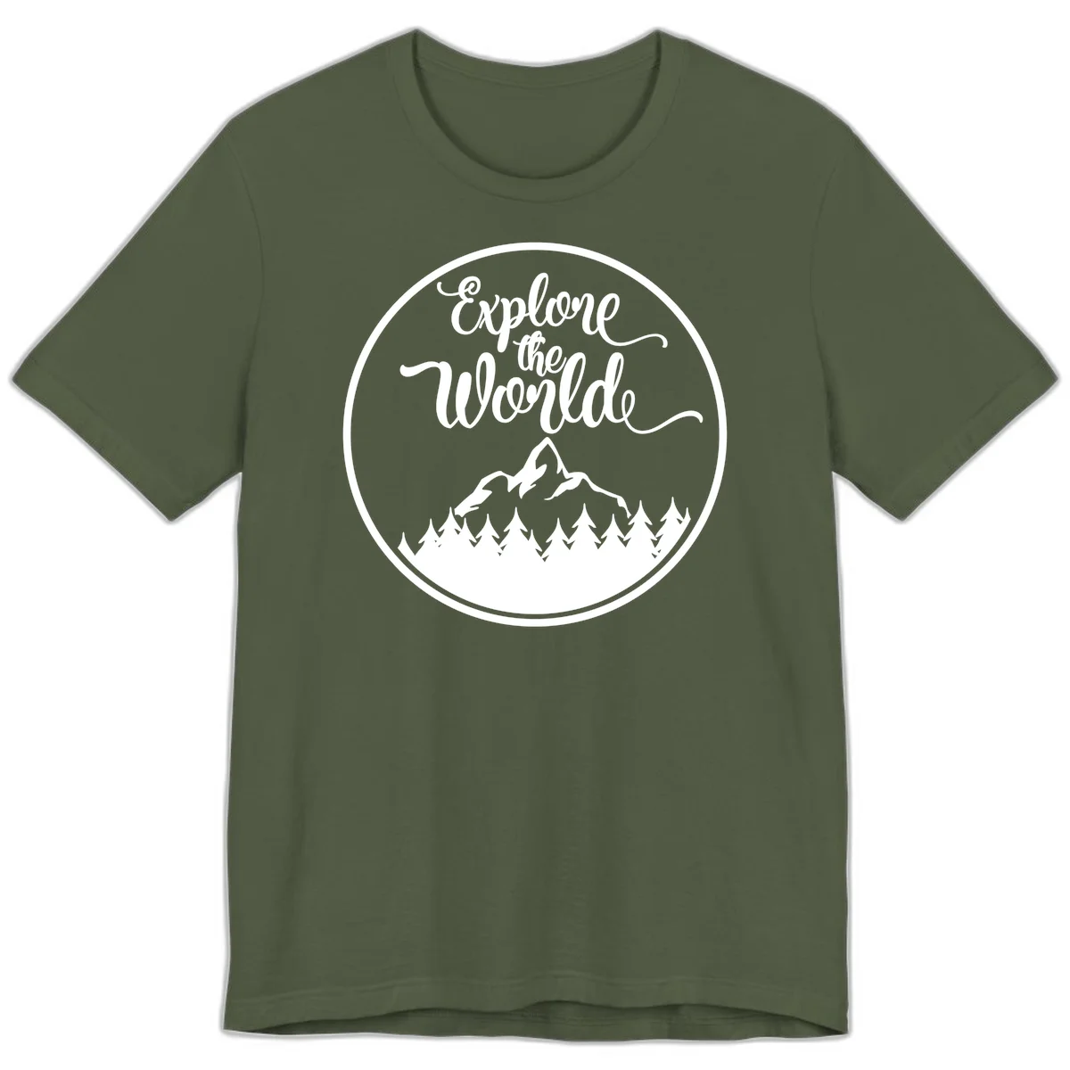 White circular badge with 'Explore the World' cursive text above mountain peak and evergreen forest silhouette on gray background in Military Green