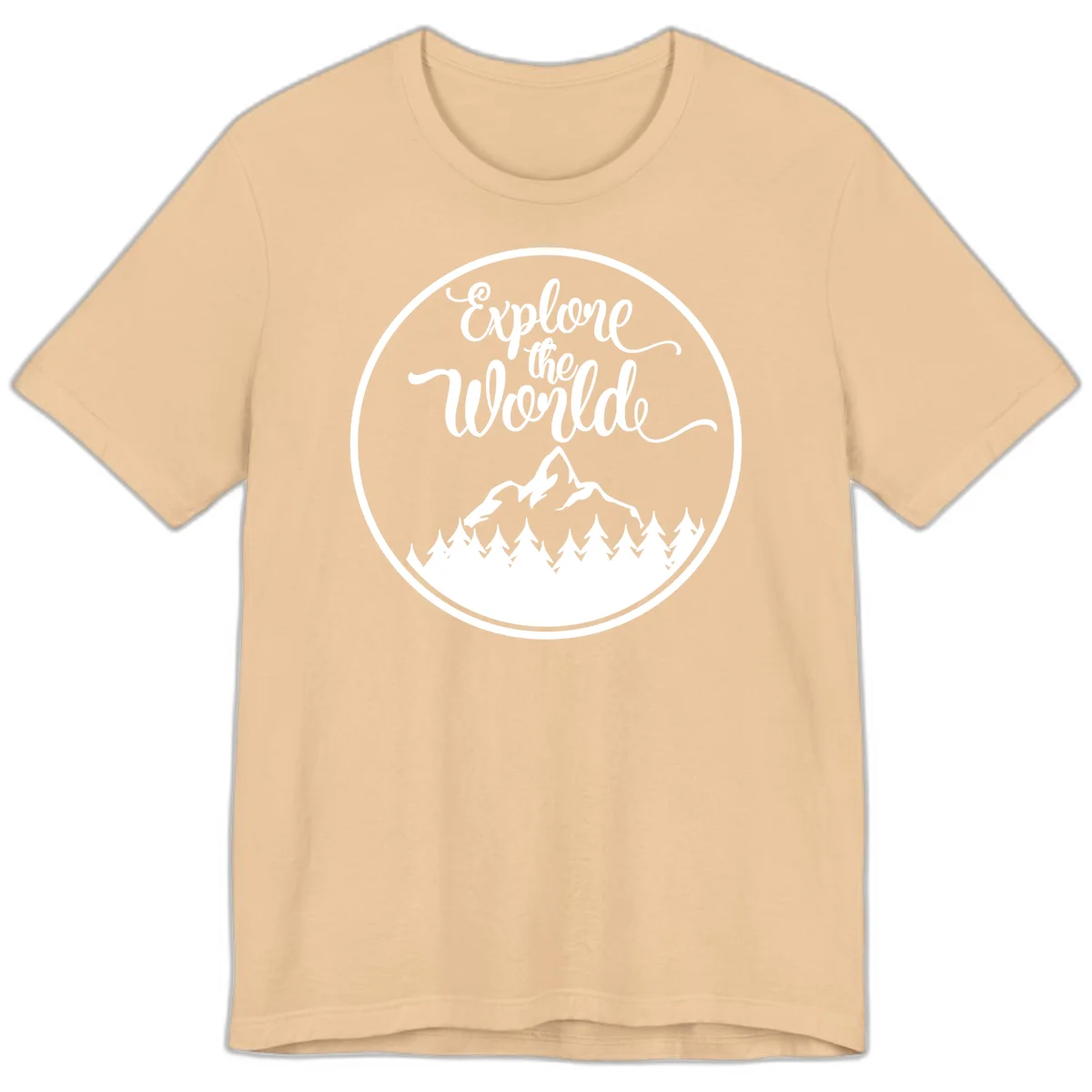 White circular badge with 'Explore the World' cursive text above mountain peak and evergreen forest silhouette on gray background in Sand Dune