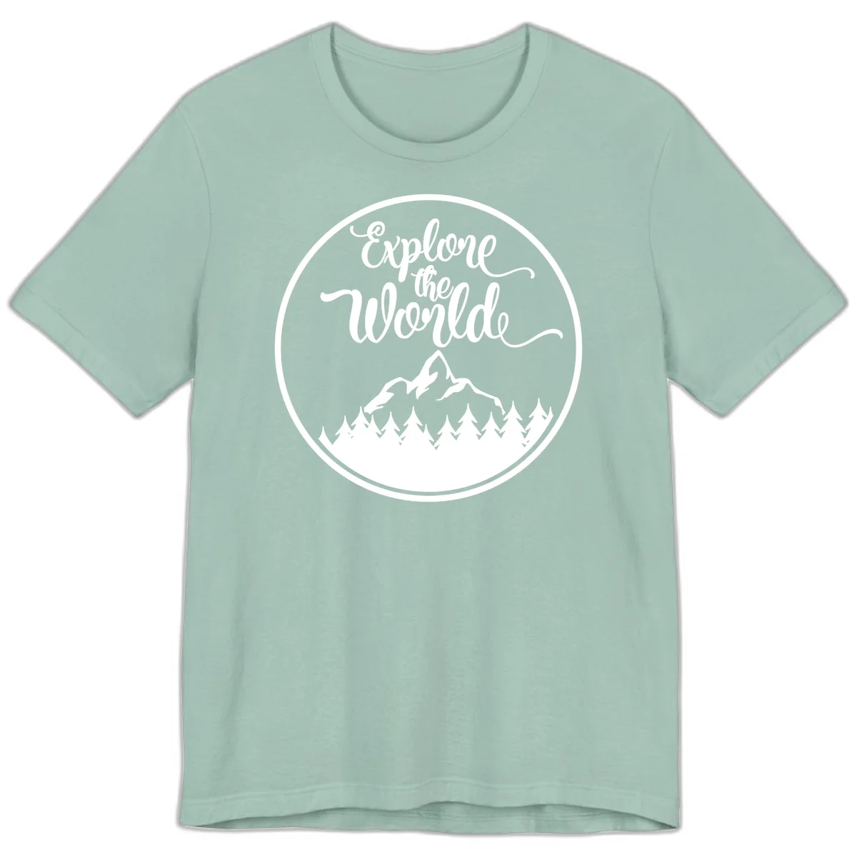 White circular badge with 'Explore the World' cursive text above mountain peak and evergreen forest silhouette on gray background in Dusty Blue